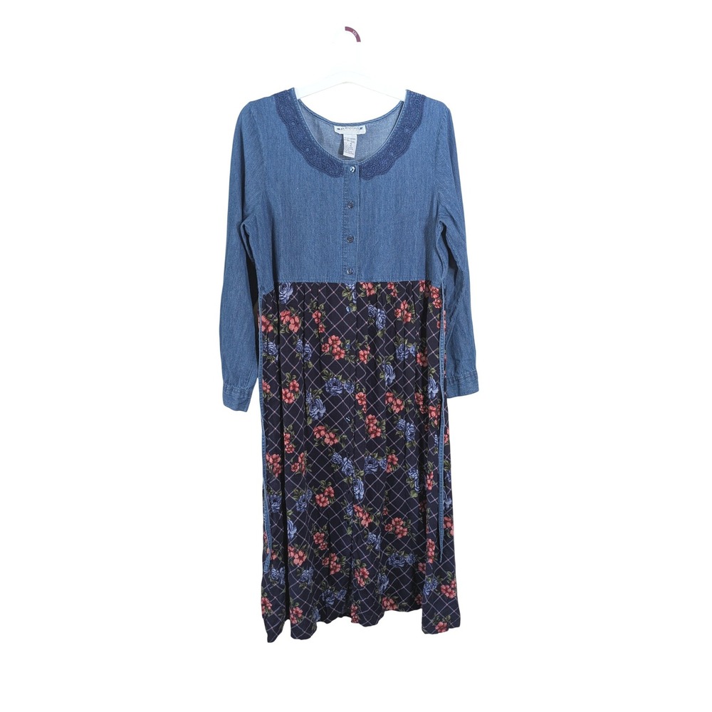 Vintage 90s Denim Floral Button Up Dress Duster XL Pellini Blues